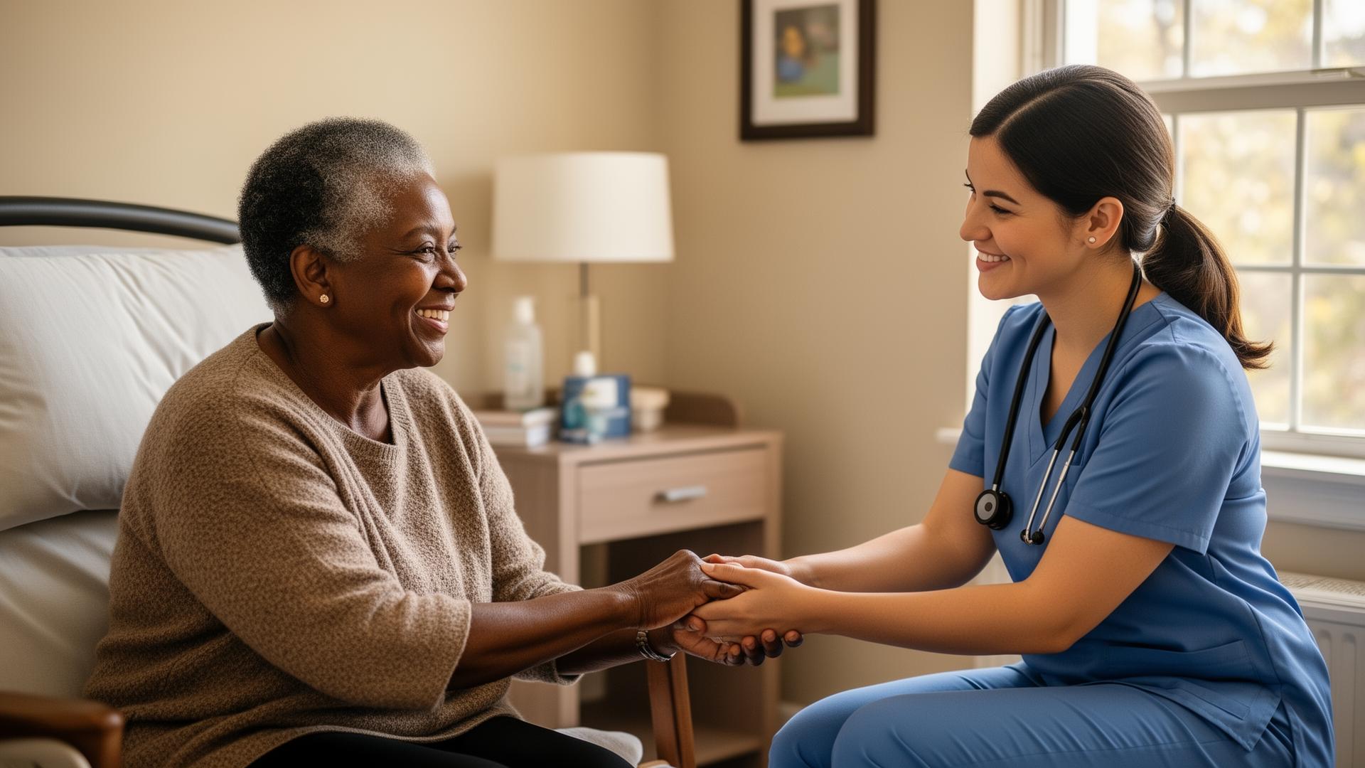 St. Augustine nurse holding the hand of a senior resident